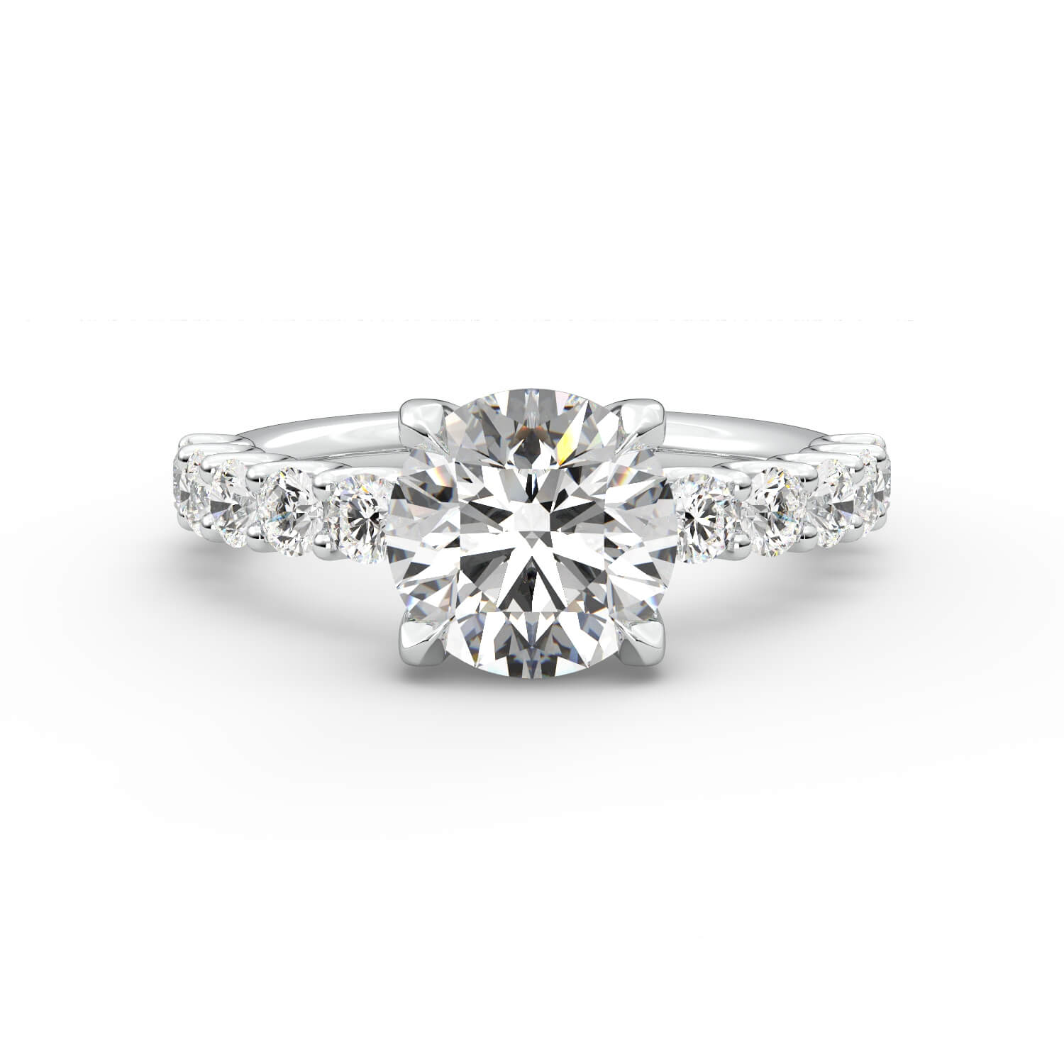 טבעת זהב לבן 14K עם אבני צד שיבוץ U בשיבוץ יהלום עגול 4 שיניים בית משובץ