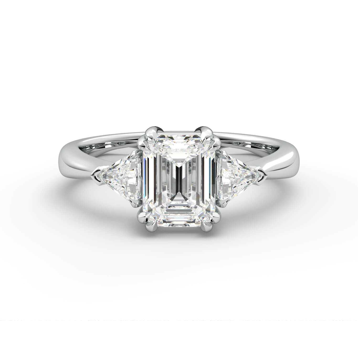 טבעת זהב לבן 14K שלוש אבנים משובץ ביהלום בחיתוך אמרלד ושני משולשים