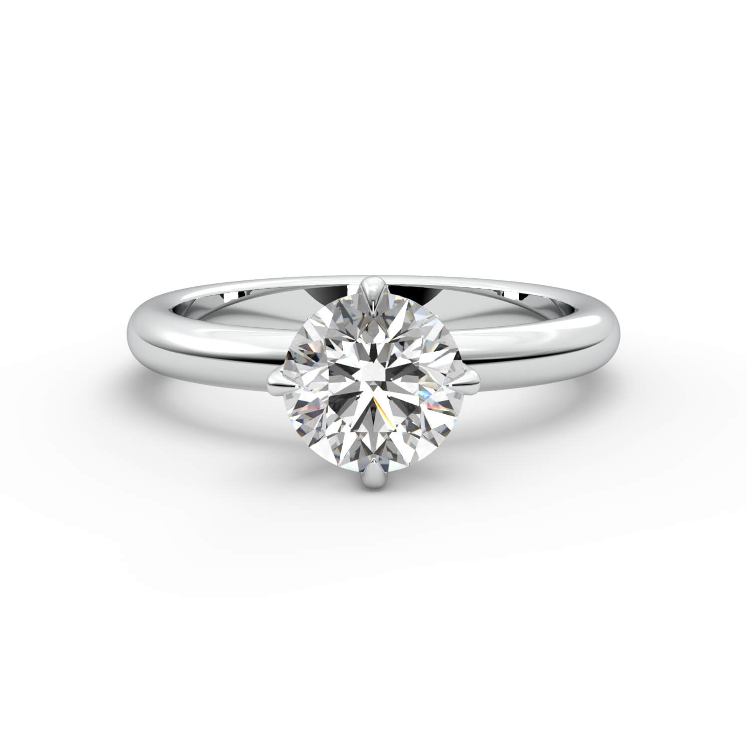 טבעת זהב לבן 14K סוליטר בשיבות יהלום עגול בית פרח 4 שיניים