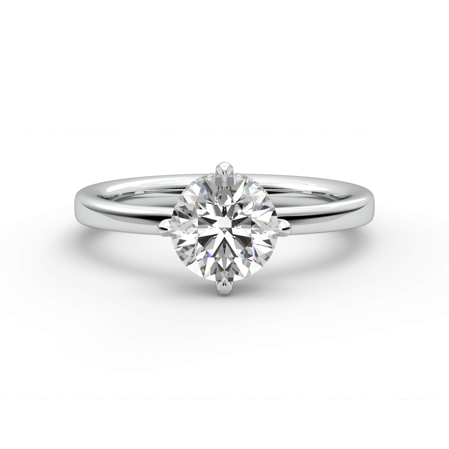 טבעת זהב לבן 14K סוליטר בשיבוץ יהלום עגול 4 שיניים בית משובץ