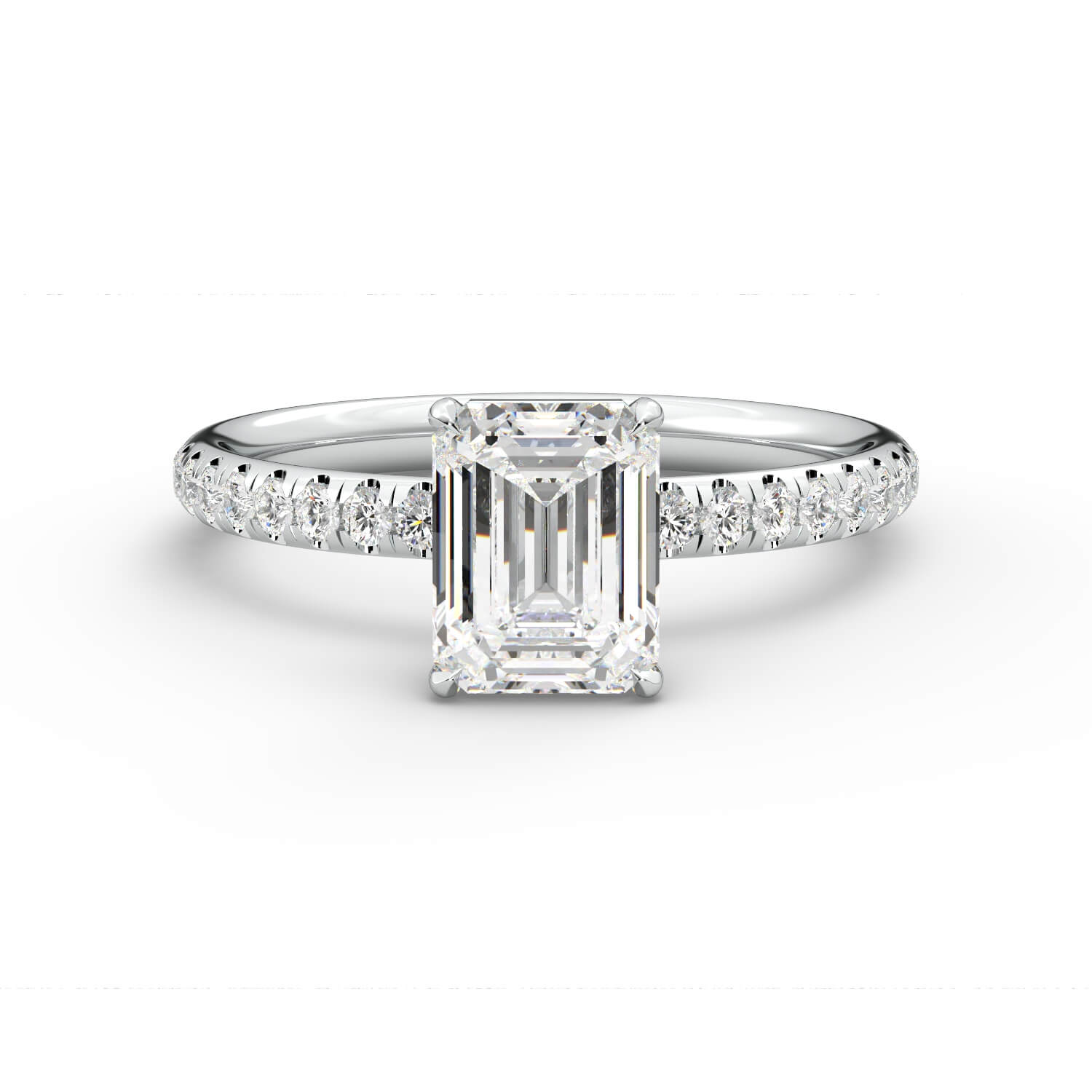 טבעת זהב לבן 14K משובץ ביהלום בחיתוך אמרלד עם אבנים בצד