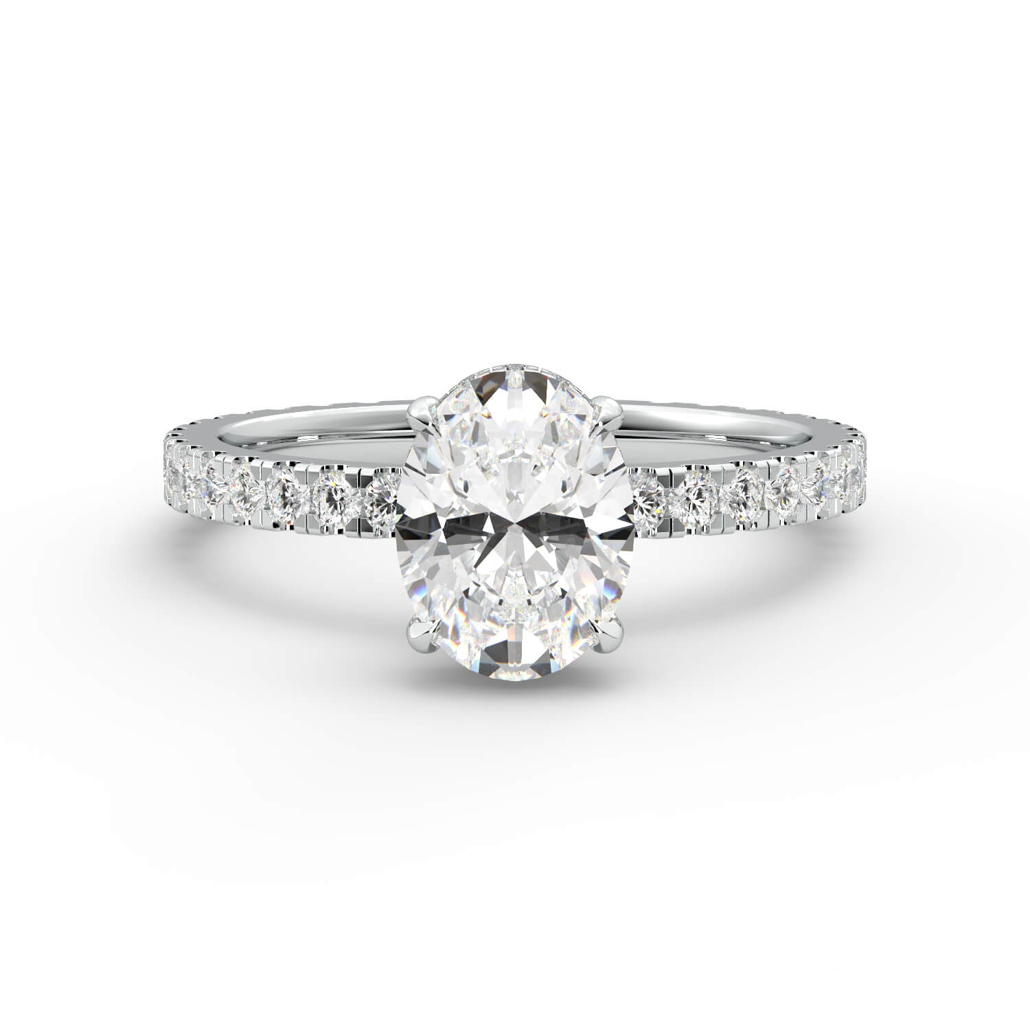 טבעת זהב לבן 14K משובץ ביהלום בחיתוך אובל עם יהלומים בצד