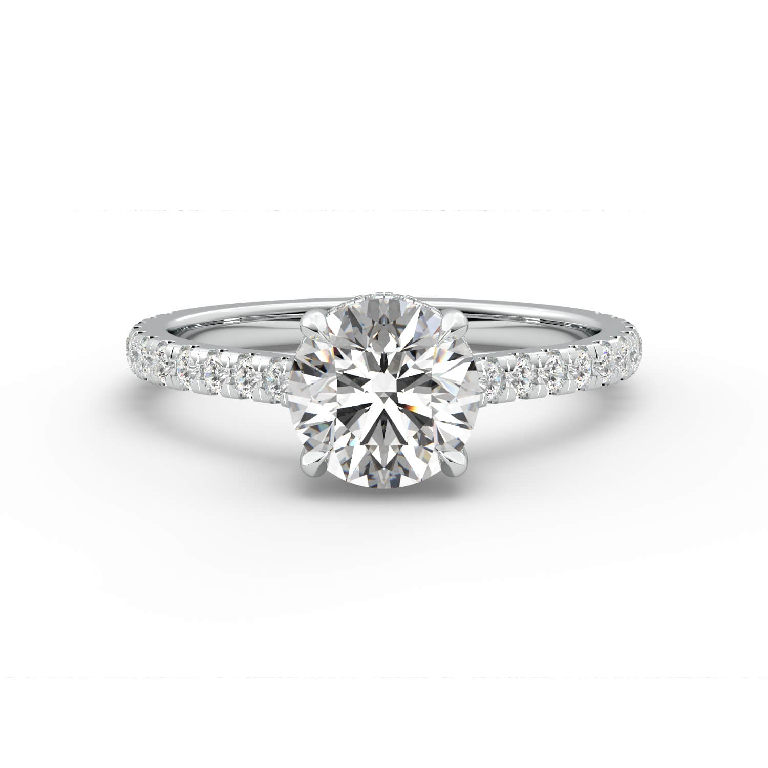 טבעת זהב לבן 14K עם אבני צד בית משובץ בשיבוץ יהלום עגול 4 שיניים בית משובץ