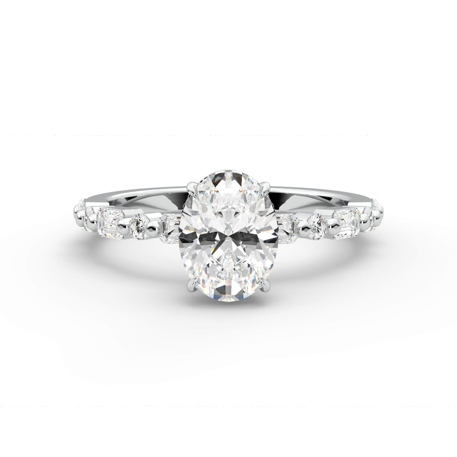 טבעת זהב לבן 14K משובץ ביהלום בחיתוך אובל עם שיבוץ אמרלדים בצד