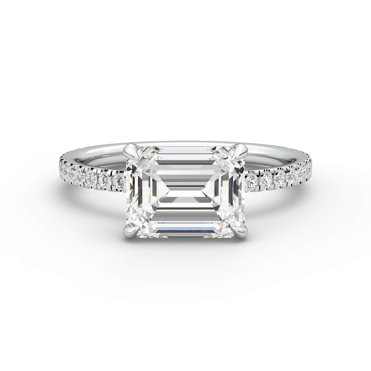 טבעת זהב לבן 14K משובץ ביהלום בחיתוך אמרלד הפוך עם אבנים בצד