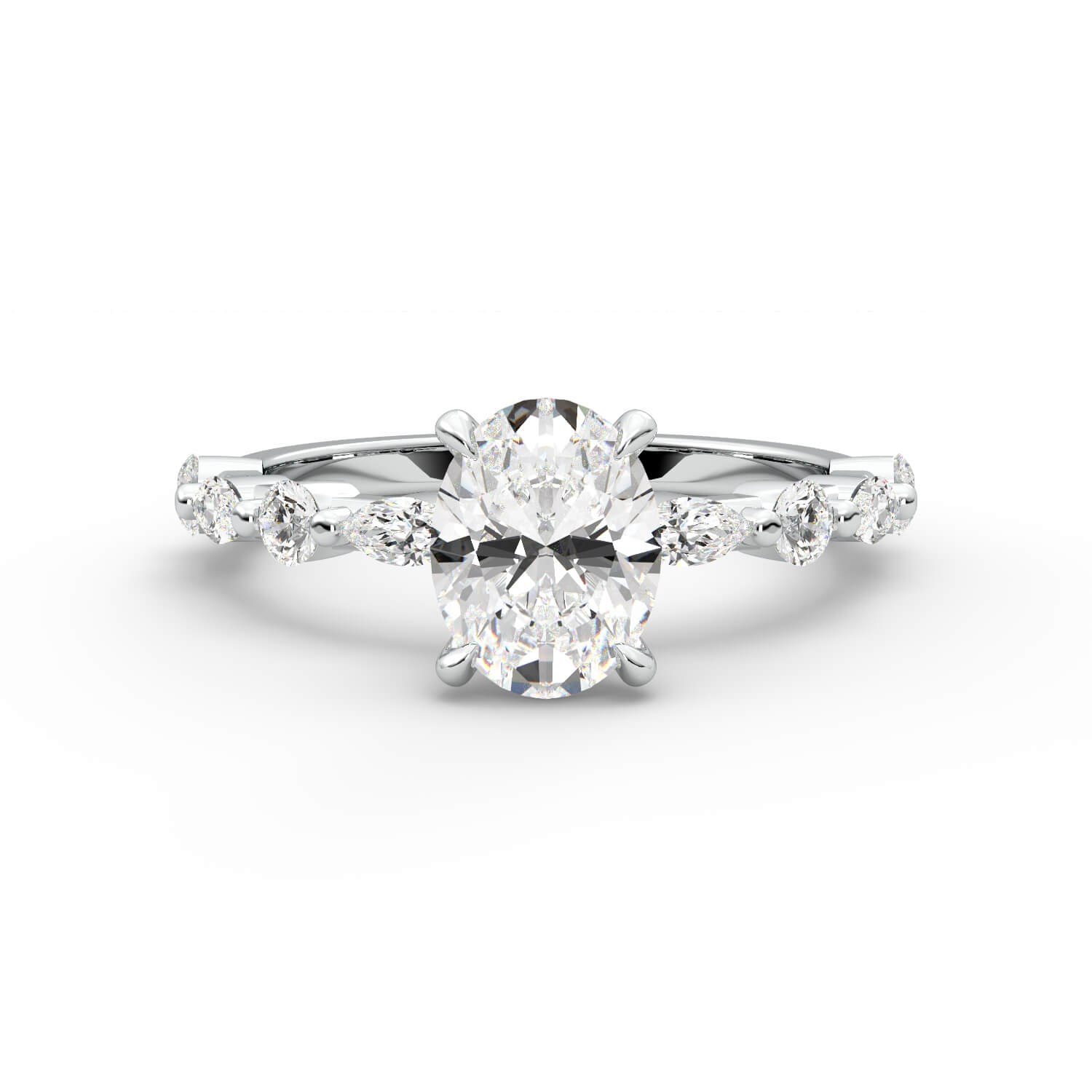 טבעת זהב לבן 14K משובץ ביהלום בחיתוך אובל עם שיבוץ מרקיזות בצד