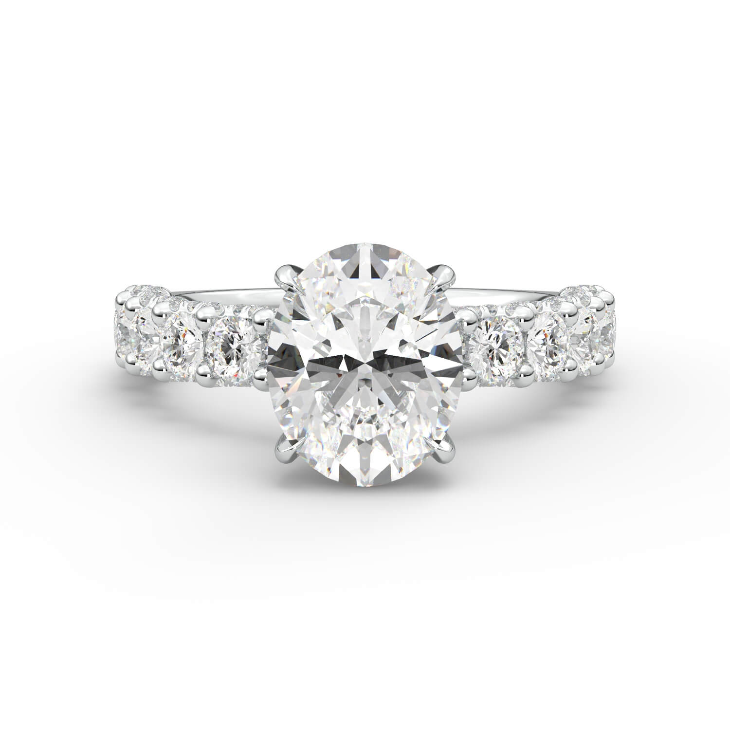 טבעת זהב לבן 14K משובץ ביהלום בחיתוך אובל עם שיבוץ יהלומים גדולים בצד