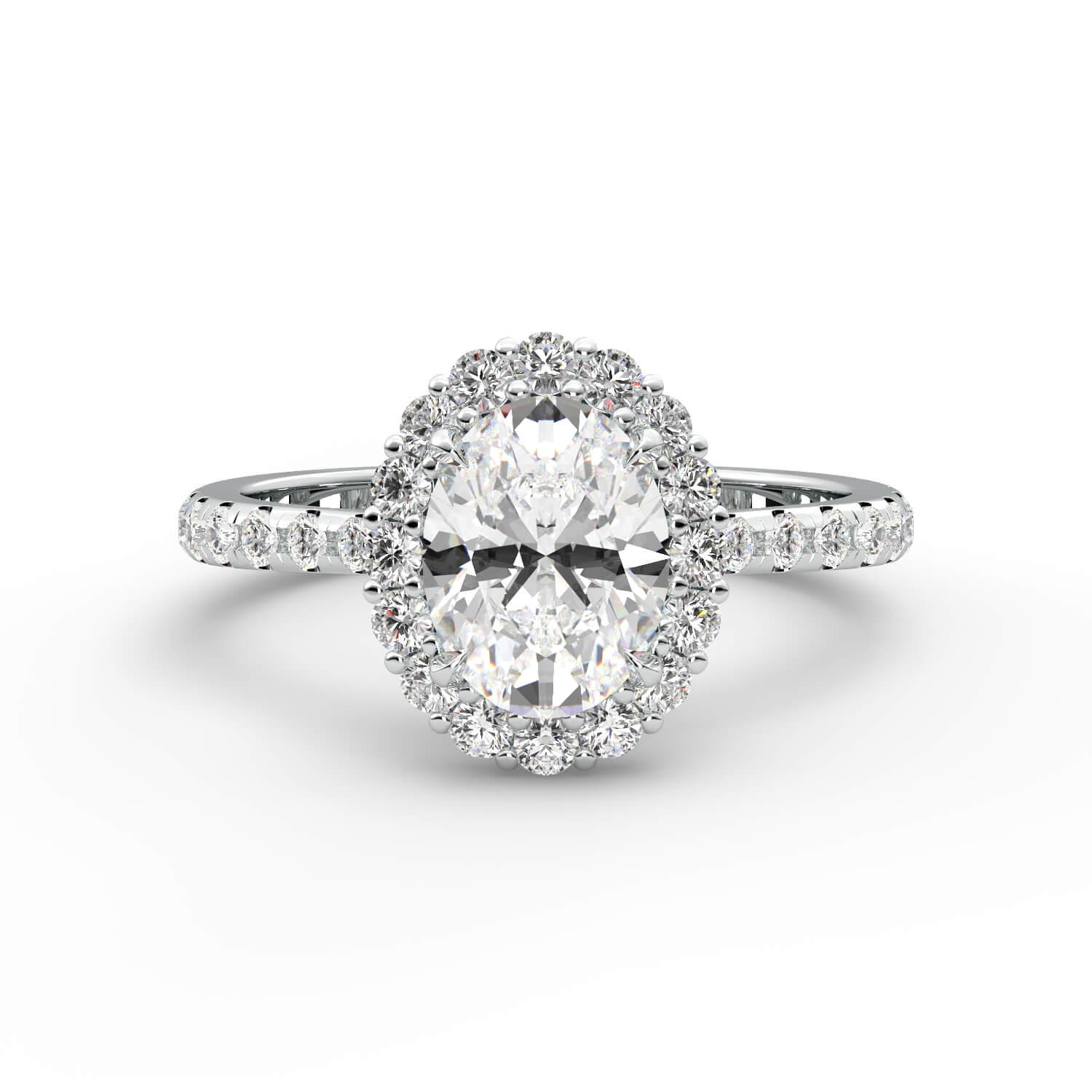 טבעת זהב לבן 14K משובץ ביהלום בחיתוך אובל עם יהלומים מסביב היילו