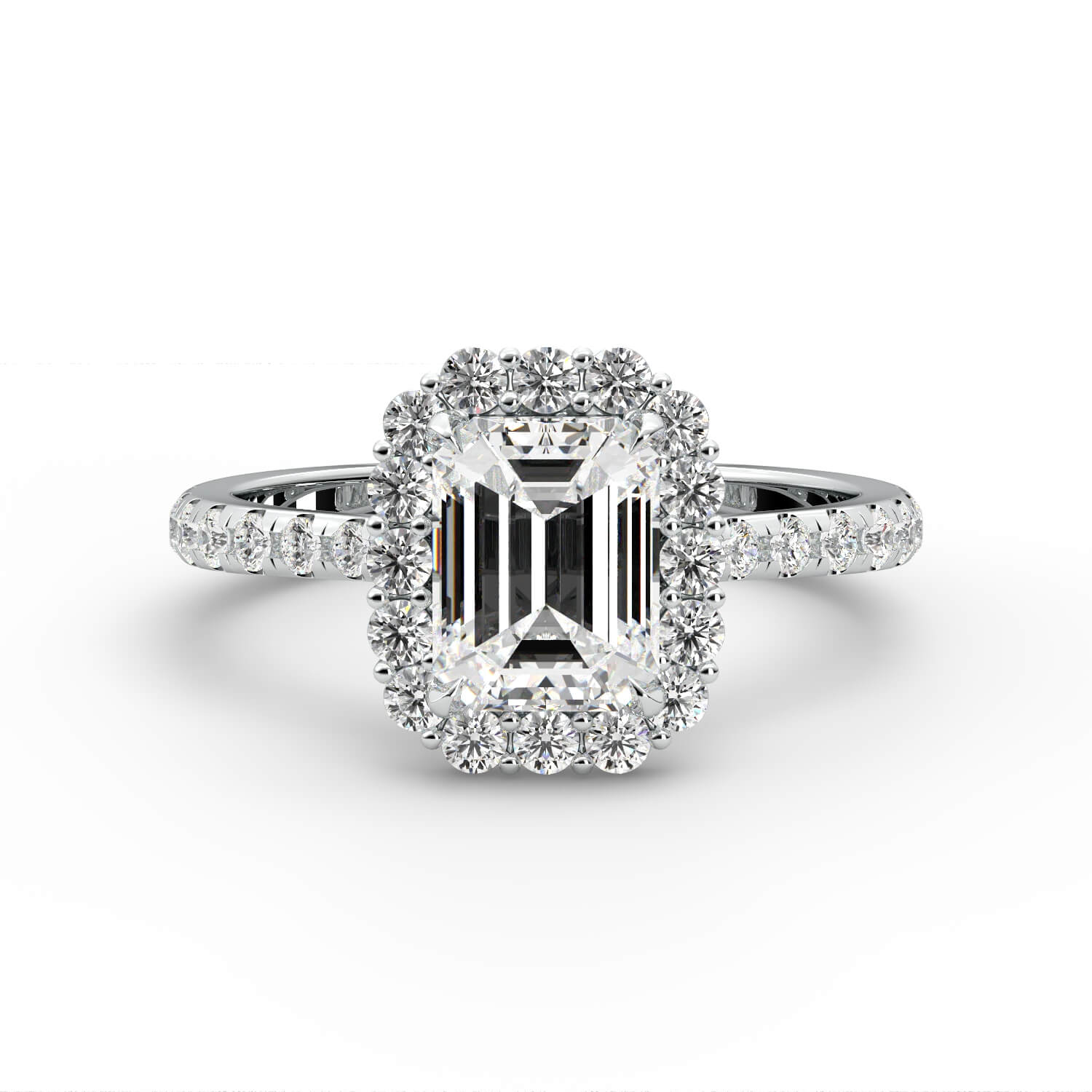 טבעת זהב לבן 14K משובץ ביהלום בחיתוך אמרלד עם יהלומים מסביב היילו