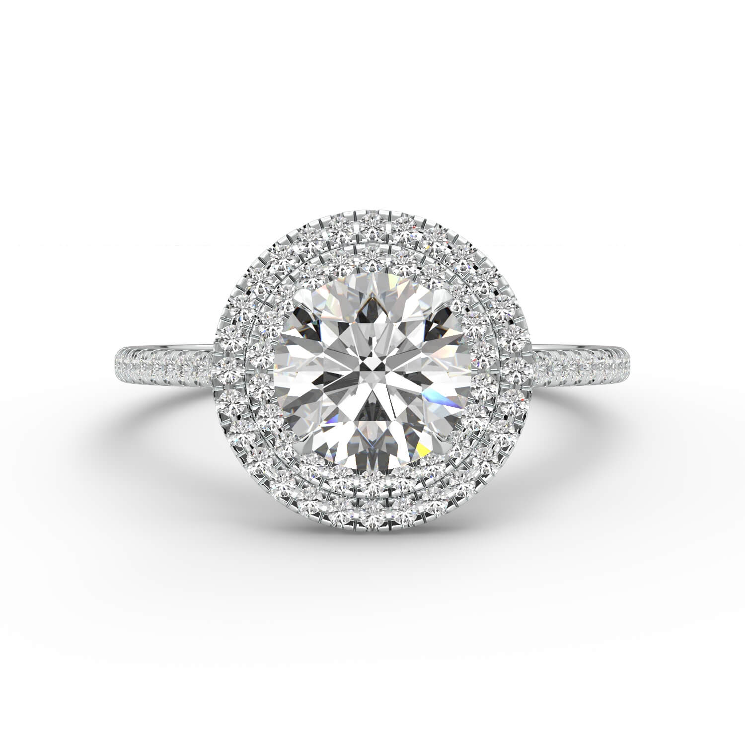 טבעת זהב לבן 14K שני סיבובים היילו בשיבוץ יהלום עגול 4 שיניים בית משובץ