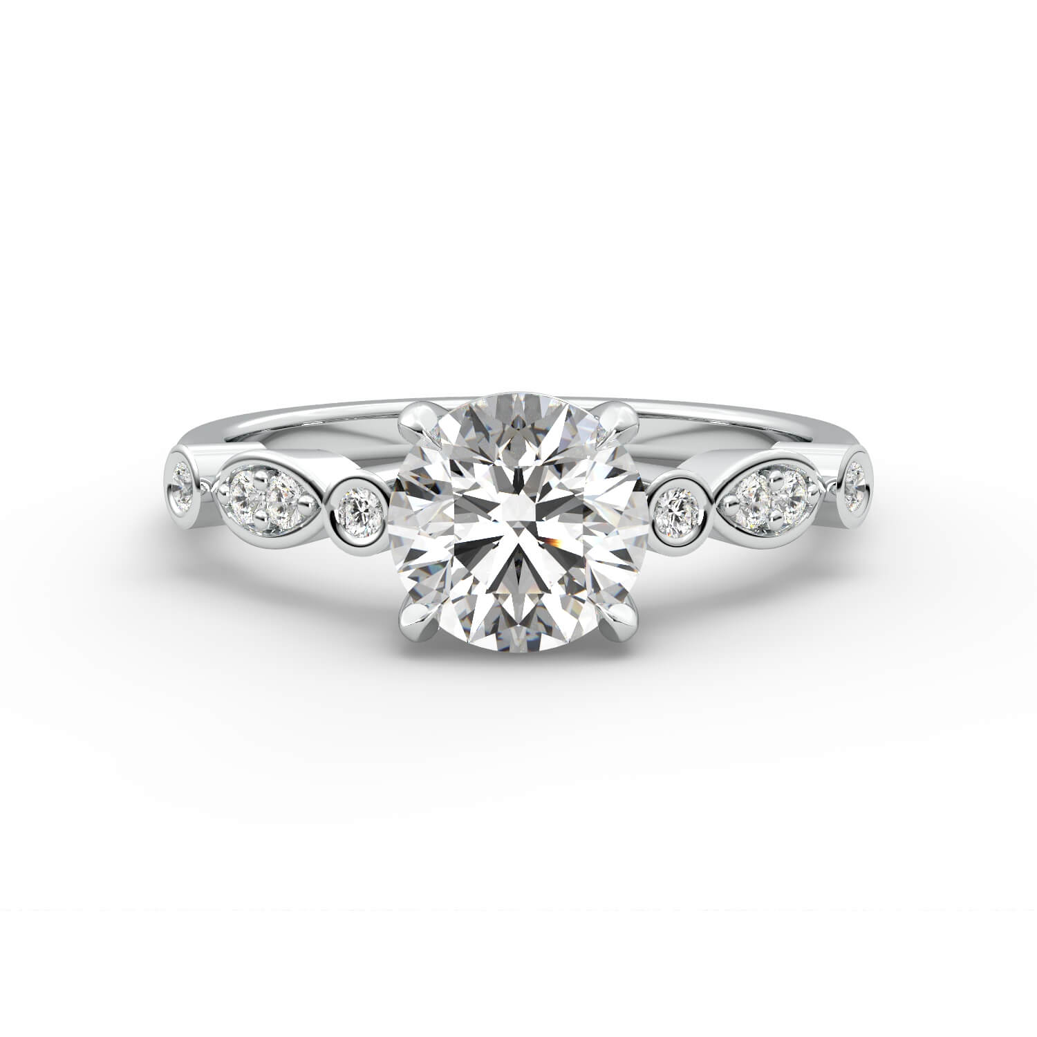 טבעת זהב לבן 14K עם אבני צד מריחה בשיבוץ יהלום עגול 4 שיניים בית משובץ