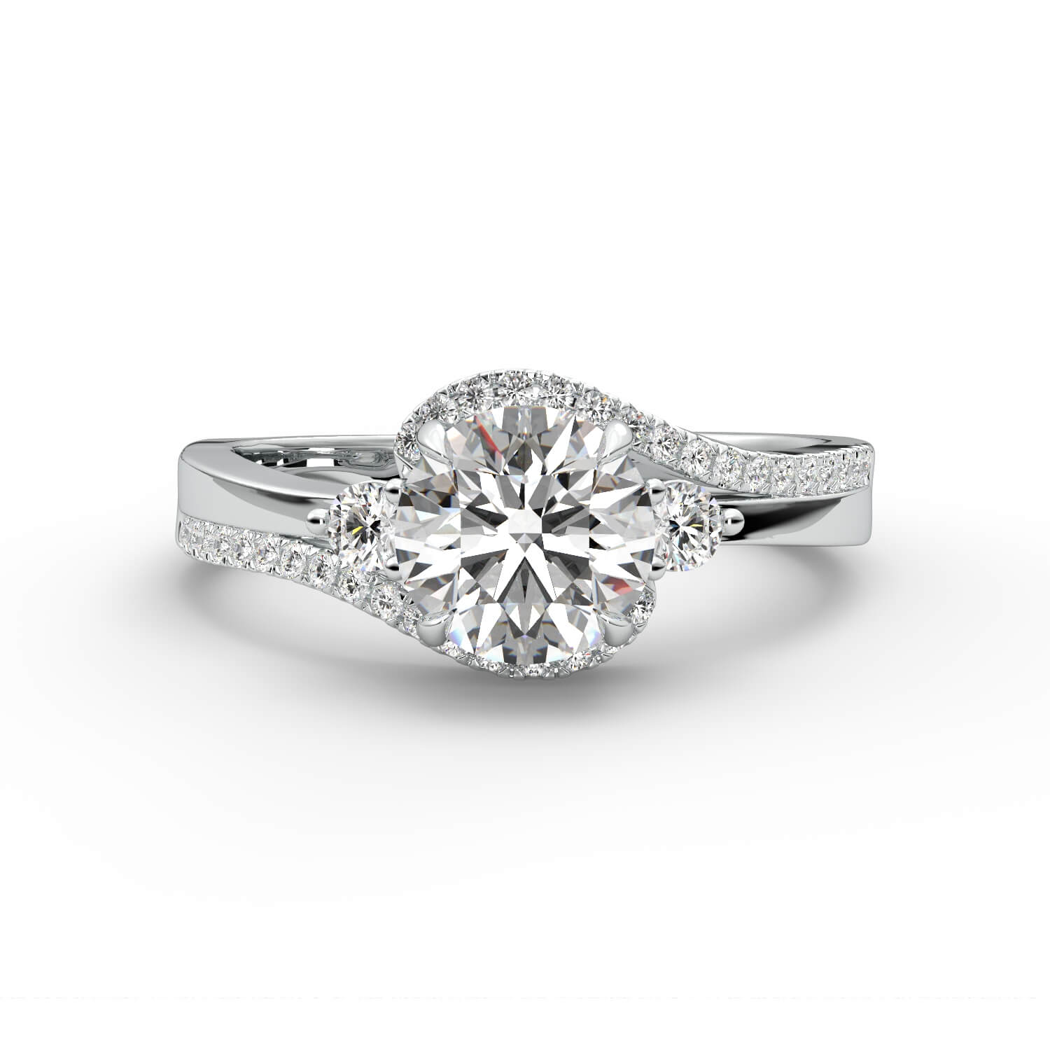 טבעת זהב לבן 14K היילו בשיבוץ יהלום עגול 4 שיניים בית משובץ חישוק דק